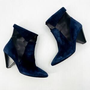 Veronica Beard Navy Suede Fold over Heel Ankle Boots